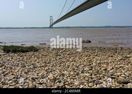 Ein Blick auf die Humber Bridge, in der Nähe von Kingston upon Hull, East Riding of Yorkshire, eine 2.22 Kilometer lange einspannige Straßenhängebrücke, die am 24. Juni 1981 für den Verkehr geöffnet wurde. Stockfoto