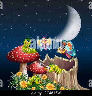 Schmetterlinge und Würmer leben in der Gartenszene bei Nacht Illustration Stock Vektor