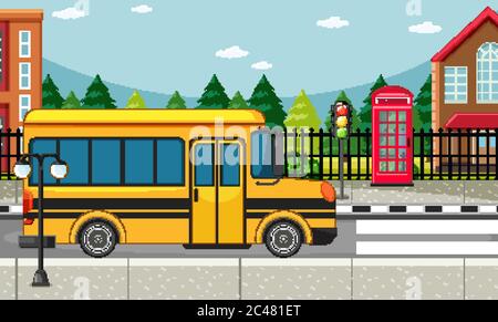 Straßenszene mit Schulbus auf der Straßenszene Illustration Stock Vektor