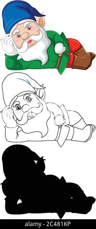 GNOME in gerdener Kostüm in Farbe und Umriss und Silhouette in Cartoon-Figur auf weißem Hintergrund Illustration Stock Vektor