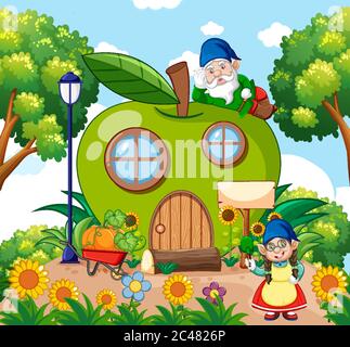 Gnome und grünen Apfelhaus und im Garten Cartoon-Stil auf Himmel Hintergrund Illustration Stock Vektor