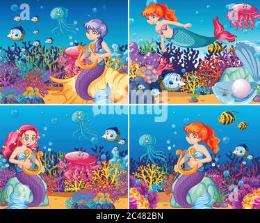 Set von niedlichen Meerjungfrau mit Tier Meer Thema Szene Cartoon Stil Illustration Stock Vektor