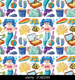 Nahtlose Meerjungfrau und Sommer-Symbol Cartoon-Figur auf weißem Hintergrund Illustration Stock Vektor