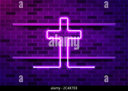 Christian Kreuz glühenden Neon-Zeichen oder LED-Streifen Licht. Realistische Vektordarstellung. Lila Ziegelwand, violette Glow, Metallhalter. Stock Vektor