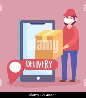 Sichere Lieferung zu Hause während coronavirus covid-19, Kurier Mann mit Karton Smartphone Navigation PIN Vektor Illustration Stock Vektor