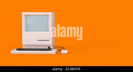 Retro Personal Computer. Die Systemeinheit, der Monitor, die Tastatur und die Maus auf einem orangefarbenen Hintergrund. 3d-Rendering Stockfoto