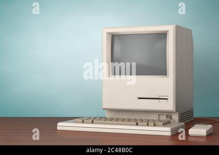 Retro Personal Computer. Systemeinheit, Monitor, Tastatur und Maus auf einem Holztisch. 3d-Rendering Stockfoto