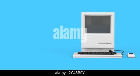 Retro Personal Computer. Die Systemeinheit, der Monitor, die Tastatur und die Maus auf einem blauen Hintergrund. 3d-Rendering Stockfoto