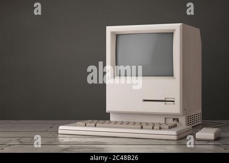 Retro Personal Computer. Systemeinheit, Monitor, Tastatur und Maus auf einem Holztisch. 3d-Rendering Stockfoto