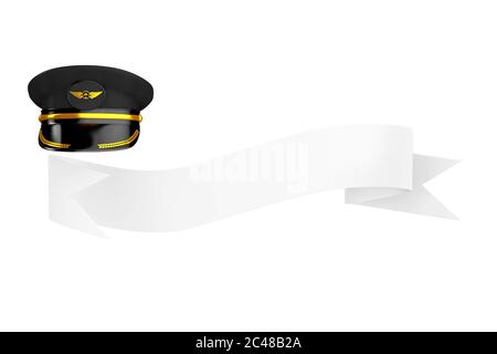 Zivile Luftfahrt und Lufttransport Airline Pilots Hut oder Kappe mit Gold Aviation Insignia über Blank Ribbon für Ihr Zeichen auf weißem Hintergrund. 3d-Rende Stockfoto