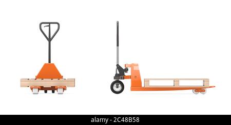 Handpalettenwagen mit leerer Holzpalette auf weißem Hintergrund. 3d-Rendering Stockfoto