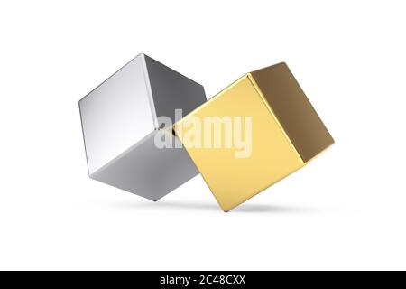 Golden und Silver Metal Cubes in Balance Konzept auf weißem Hintergrund. 3d-Rendering Stockfoto