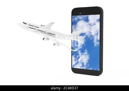 White Jet Passagierflugzeug Fliegen Sie vom Mobiltelefon mit blauem Himmel auf dem Bildschirm auf weißem Hintergrund. 3d-Rendering Stockfoto