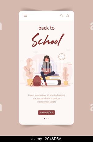 Zurück zur Zielseite des Schulkonzepts. Arab Mädchen mit Laptop. Intelligente Studenten. Frauen Cartoon-Figur. Mobile Vorlage. Moderne Vektordarstellung in Stock Vektor