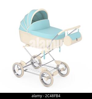 Moderner blauer Babywagen, Kinderwagen, Kinderwagen auf weißem Hintergrund. 3d-Rendering Stockfoto