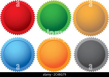Sechs bunte Vektor Werbeetiketten Illustration. Stock Vektor