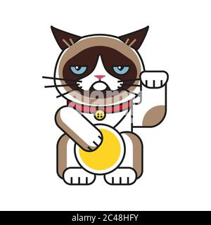 Grumpy Katze Symbol bringt Glück isoliert auf weißem Hintergrund. Maneki neko Cartoon Katze. Stock Vektor