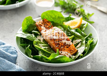 Zedernholz-Planke gebratener Lachs mit Spinat Stockfoto