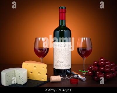 Weinset. Flasche Rotwein mit Gläsern. Serviert mit Käse und Trauben Stockfoto