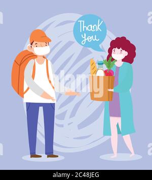 Sichere Lieferung zu Hause während coronavirus covid-19, Kurier Mann mit Maske und Kunden trägt Lebensmittelbeutel Vektor-Illustration Stock Vektor