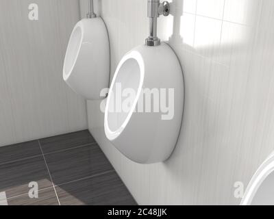 Weiße keramische Urinale hängen an der Wand in der öffentlichen Toilette. 3d-Rendering-Illustration Stockfoto