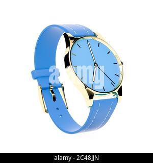 Armbanduhr. Blaues Zifferblatt mit goldenem Gehäuse und blauem Lederarmband. 3d-Rendering-Illustration Stockfoto