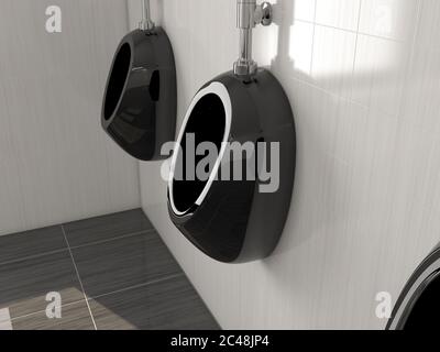 Schwarze Urinale in der öffentlichen Toilette der Männer. Moderne keramische Urinale hängen an der gefliesten Wand. 3d-Rendering-Illustration Stockfoto