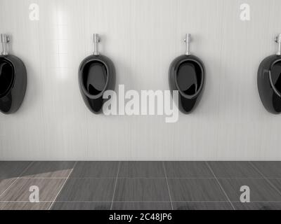 Schwarze keramische Urinale hängen an der Wand in der öffentlichen Toilette. Vorderansicht. 3d-Rendering-Illustration Stockfoto