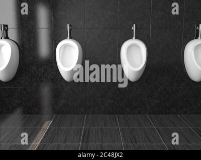 Weiße keramische Urinale. Auf schwarzem Hintergrund. Öffentliche Toilette. 3d-Rendering-Illustration Stockfoto