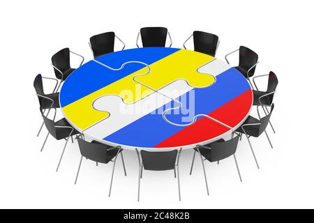 Stühle um einen Tisch in Puzzles Shape und Ukraine und Russland auf weißem Hintergrund. 3d-Rendering Stockfoto