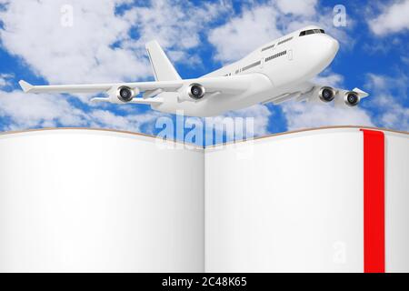 White Jet Passagierflugzeug über geöffnetem Buch mit leeren Seiten für Ihr Design auf einem blauen Himmel Hintergrund. 3d-Rendering Stockfoto