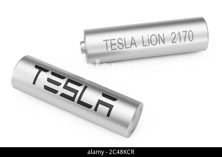 KIEW, UKRAINE - Mai, 17: Zylindrischer Lithium-Ionen-Akku mit Tesla-Logo für Tesla Cars Zellen Akku auf weißem Hintergrund. 3d-Rendering Stockfoto