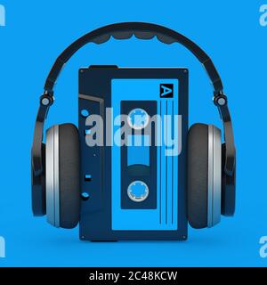 Kopfhörer über alten Vintage Audio Kassette auf einem blauen Hintergrund. 3d-Rendering Stockfoto