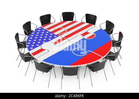 Stühle um einen Tisch in Puzzles Shape und USA und Russland Flaggen auf weißem Hintergrund. 3d-Rendering Stockfoto