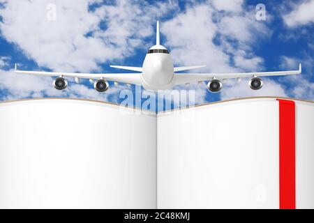 White Jet Passagierflugzeug über geöffnetem Buch mit leeren Seiten für Ihr Design auf einem blauen Himmel Hintergrund. 3d-Rendering Stockfoto