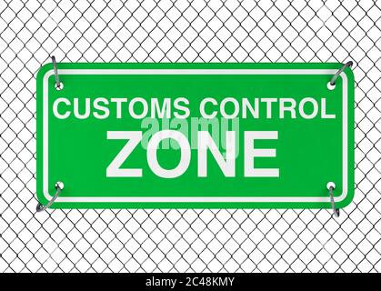Grüne Zoll-Kontrollzone Zeichen mit Metall verdrahteten Zaun Muster auf weißem Hintergrund. 3d-Rendering Stockfoto