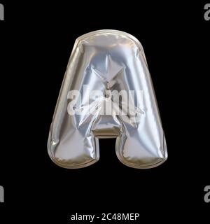 Silberner Ballon Buchstabe A, realistische 3D-Darstellung auf schwarzem Hintergrund Stockfoto
