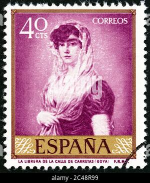 SPANIEN - UM 1958: Eine in Spanien gedruckte Briefmarke zeigt die Frau des Buchhändlers (Francisco Goya), um 1958. Stockfoto