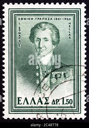 GRIECHENLAND - UM 1966: Eine in Griechenland gedruckte Briefmarke zeigt Jean-Gabriel Eynard, Mitbegründer der griechischen Nationalbank, um 1966. Stockfoto