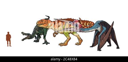 Set mit 3 Dinosauriern. Vergleich zwischen Dinosauriern und Menschen. Baryonyx, Quetzalcoatlus, Giganotosaurus. Stockfoto