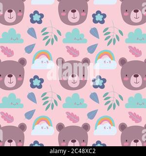 Cartoon niedliche Tiere Charaktere tragen Gesichter Regenbogen Wolken Blätter und Blumen Hintergrund Vektor Illustration Stock Vektor