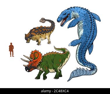 Set mit 3 Dinosauriern. Vergleich zwischen Dinosauriern und Menschen. Mosasaurus, Ankylosaurus, Triceratops. Stockfoto