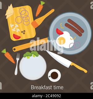 Frühstückszeit. Spiegeleier Herstellung Prozess, Zubereitung von Lebensmitteln. Vektor mit flachem Design Stock Vektor