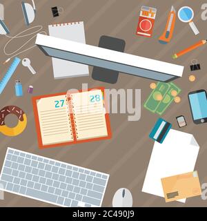 Büro Schreibtisch flach Modell up Vorlage mit flachen stilvollen Symbolen Stock Vektor