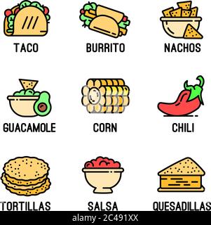 Mexikanische Lebensmittel Symbole gesetzt. Skizzieren Sie eine Reihe von mexikanischen Lebensmittel-Vektor-Symbole für Web-Design isoliert auf weißem Hintergrund Stock Vektor