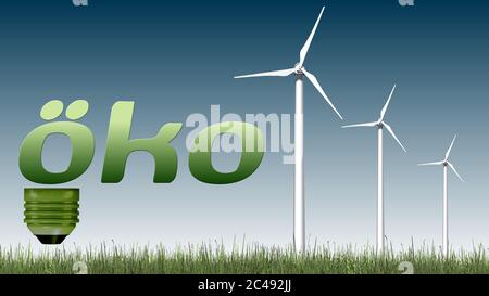 Schriftzug - oko - und Windräder vorne auf blauem Himmel - Ökologie-Konzept Stockfoto