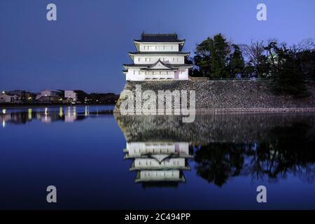 Landschaft mit dem Nordwest-Turm (Inui-Turm) der Burg Nagoya in Japan bei Nacht Herbst. Stockfoto