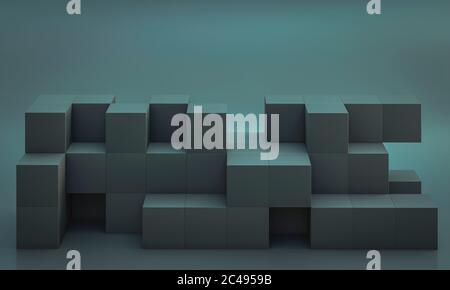 Minimalistischer abstrakter Hintergrund mit kubischen Formen in grünen Blautönen. 3d-Rendering. Niemand im Querformat. Stockfoto