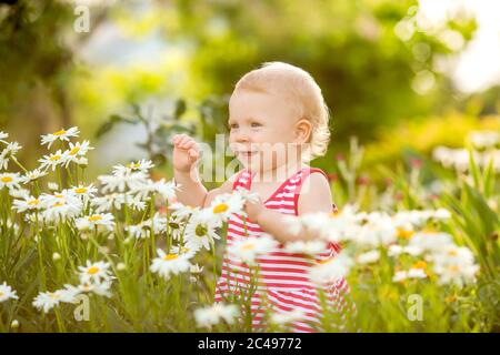 Baby Mädchen lächelt im Sommerkleid zu Fuß außerhalb zwischen Gänseblümchen im Garten Stockfoto