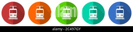 Zug Icon Set, rot, blau, grün und orange flaches Design Web-Tasten isoliert auf weißem Hintergrund, Vektor-Illustration Stock Vektor